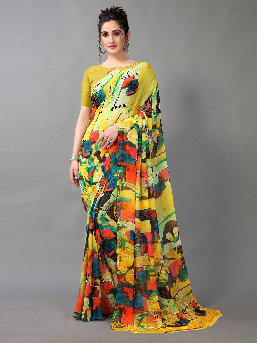 

KALINI Abstract Printed Pure Georgette Saree, Yellow