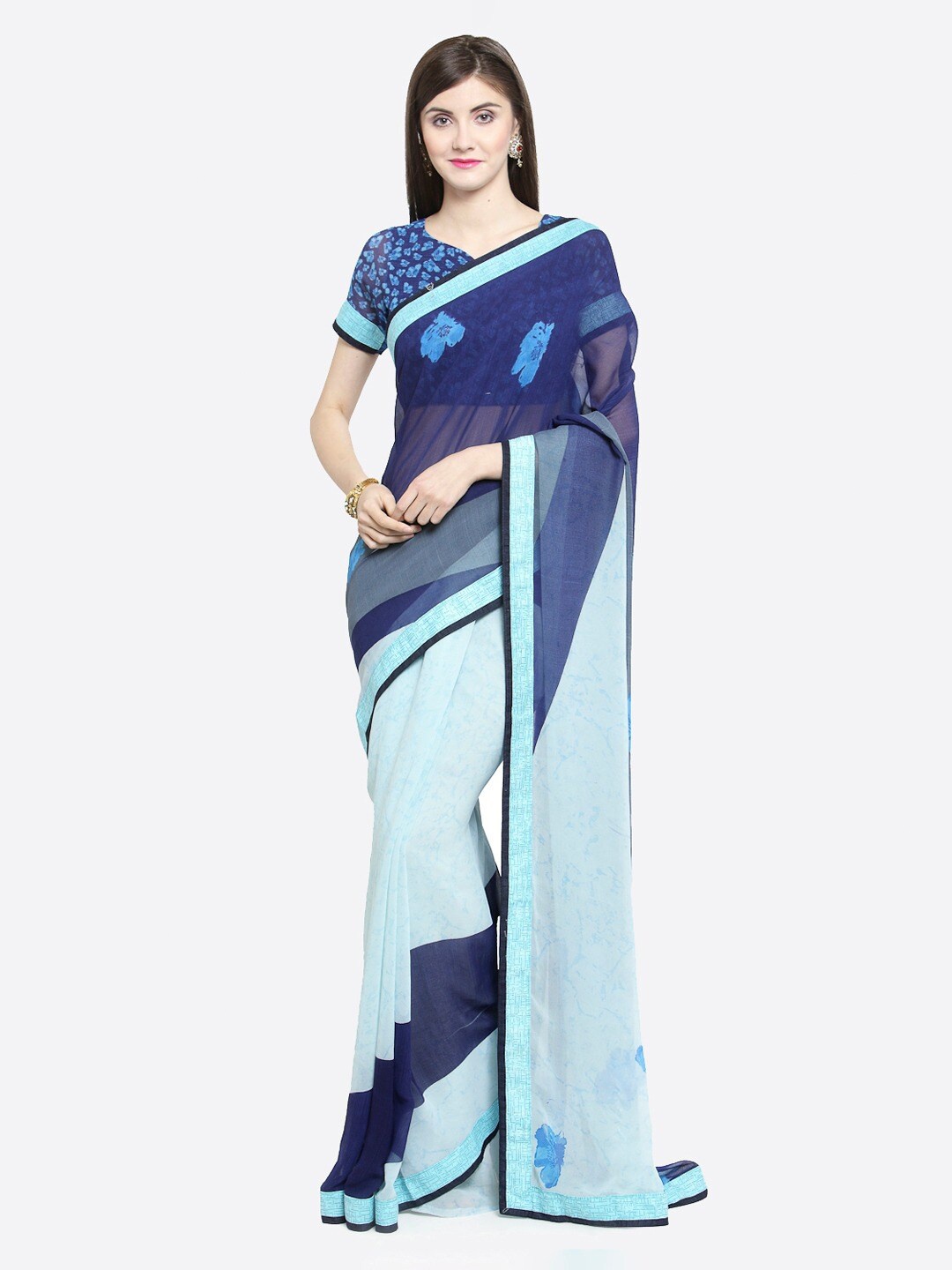 

KALINI Blue and Black Floral Pure Georgette Saree