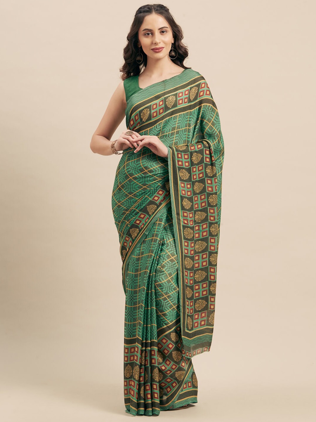 

KALINI Geometric Printed Poly Georgette Saree, Green