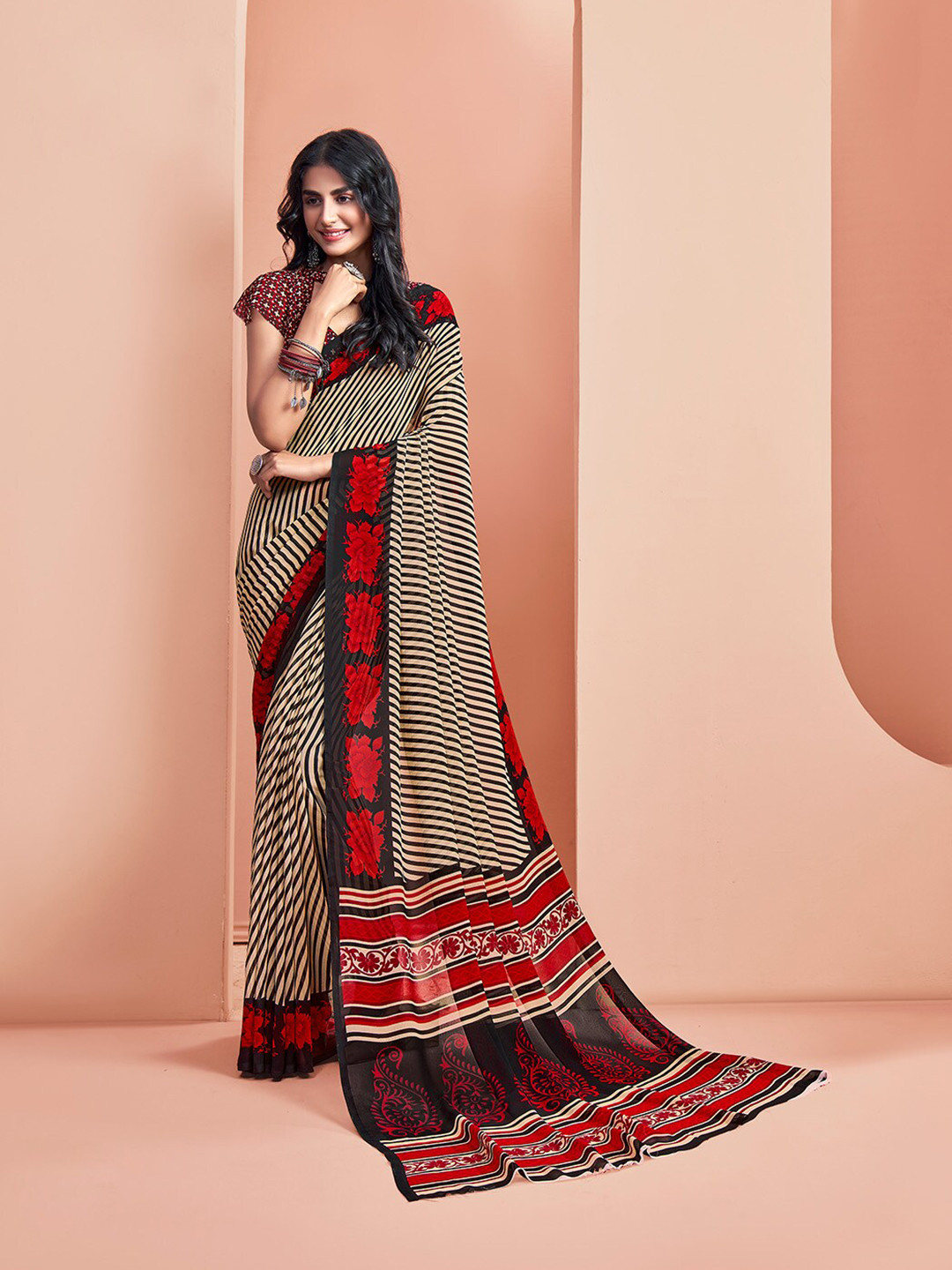 

KALINI Striped Printed Floral Zari Saree, Beige