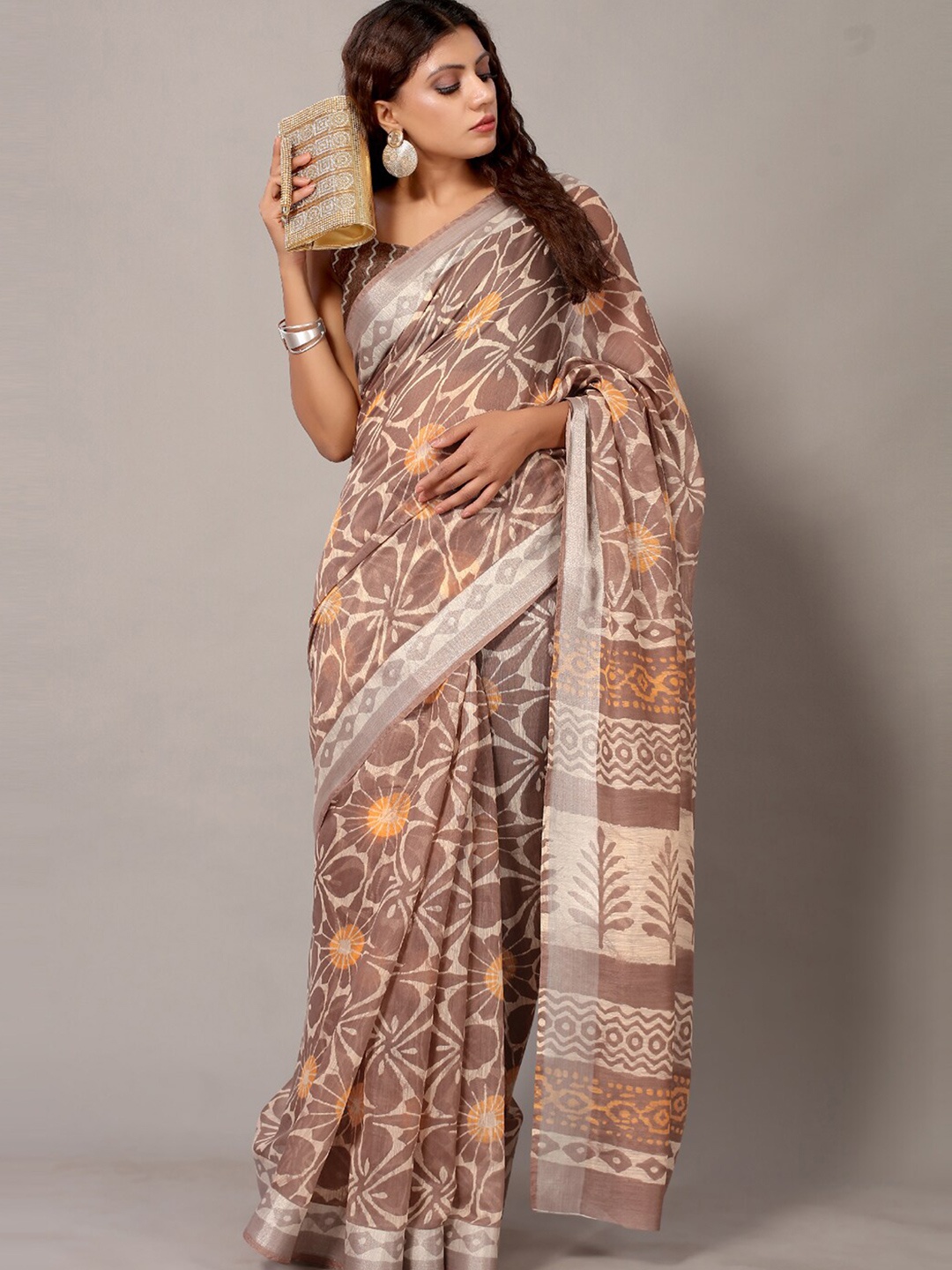 

KALINI Floral Printed Silk Blend Saree, Brown