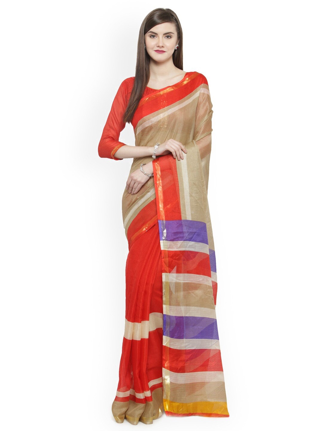 

KALINI Striped Silk Cotton Zari Saree, Red