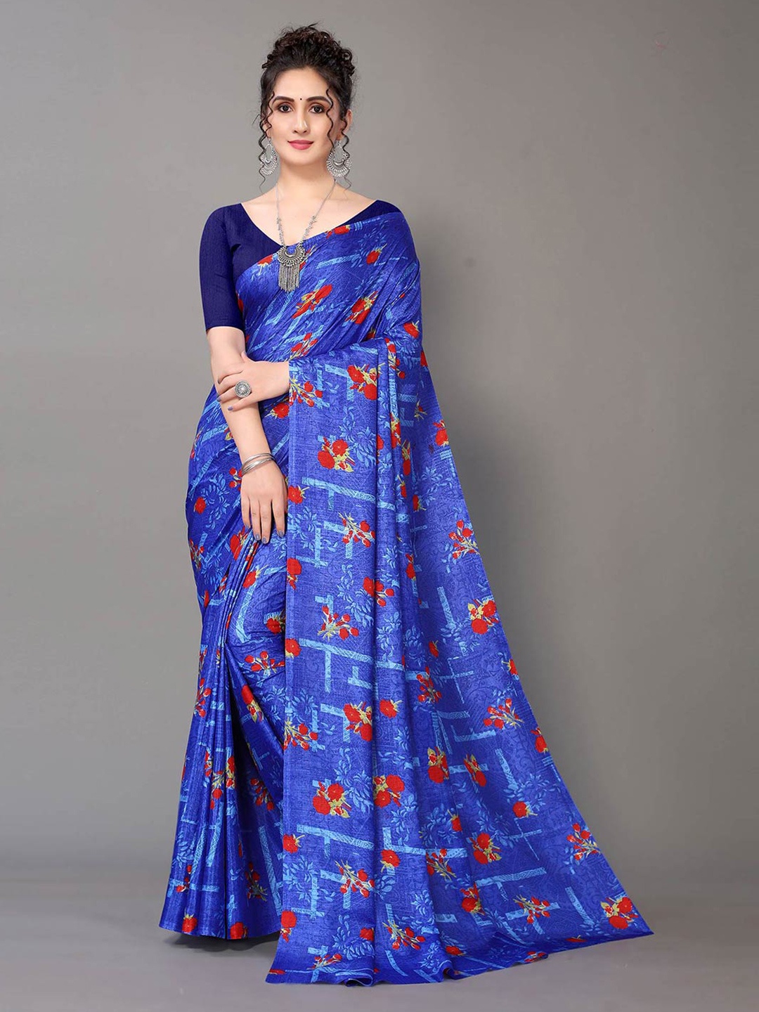 

KALINI Floral Printed Art Silk Saree, Blue