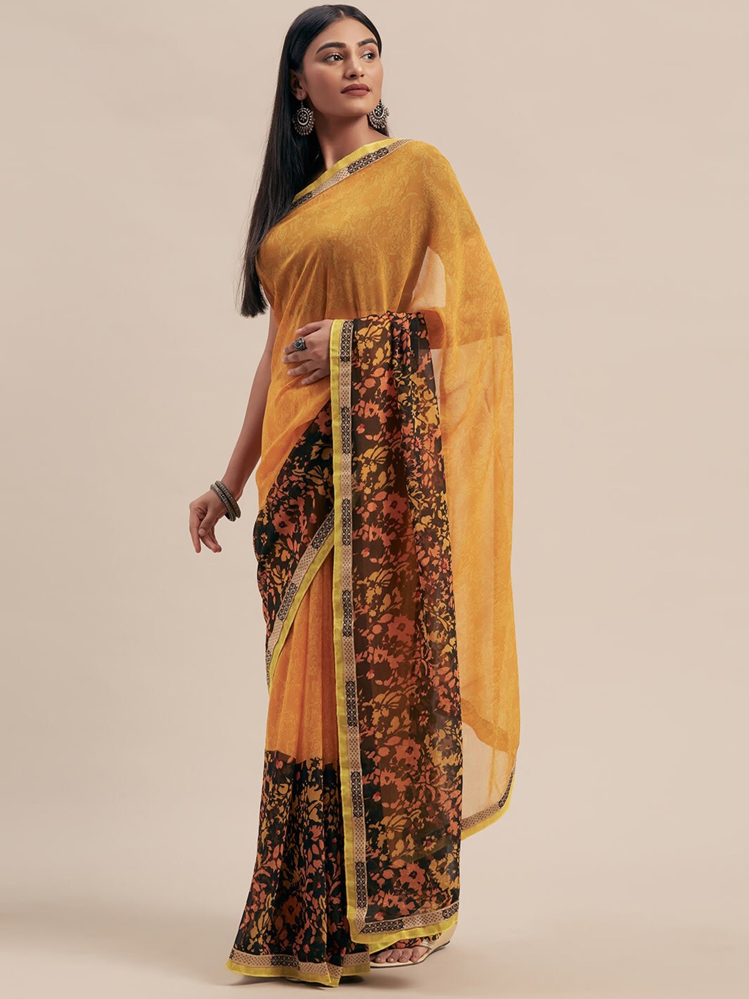 

KALINI Mustard & Black Floral Saree