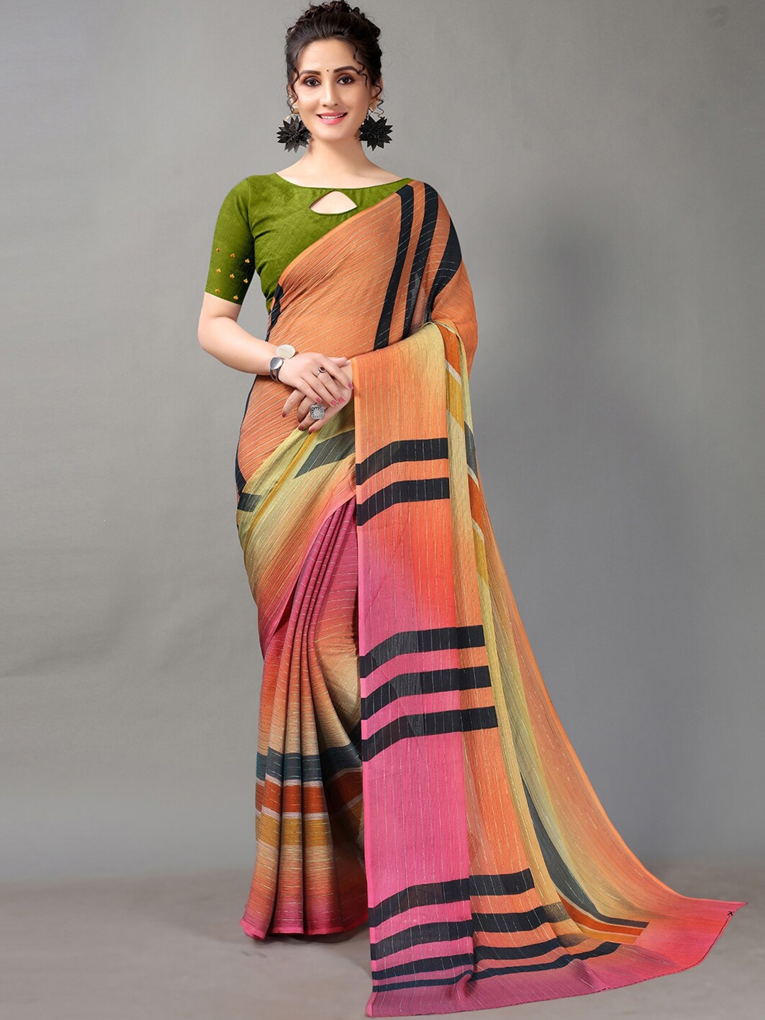 

KALINI Floral Georgette Saree, Orange