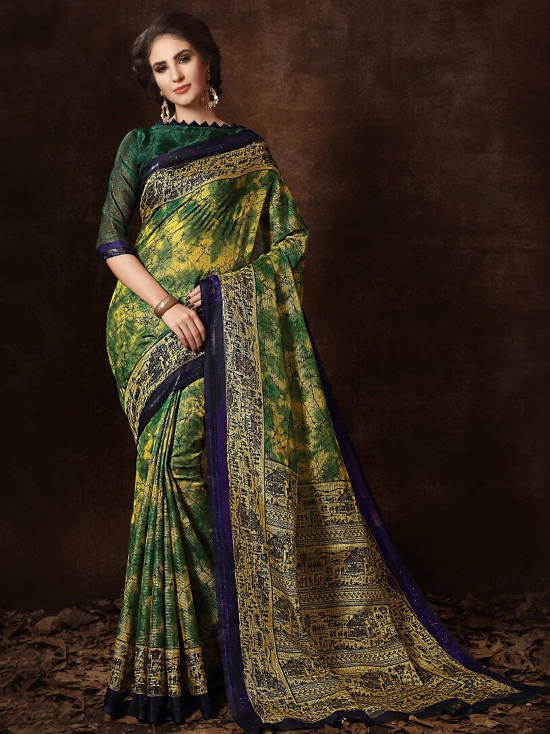 

KALINI Ethnic Motifs Printed Cotton Blend Saree, Green