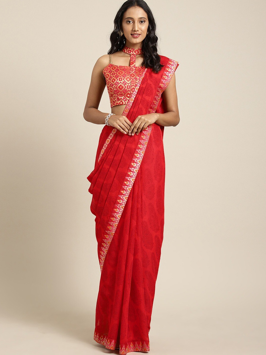 

KALINI Ethnic Motifs Pure Chiffon Saree, Red