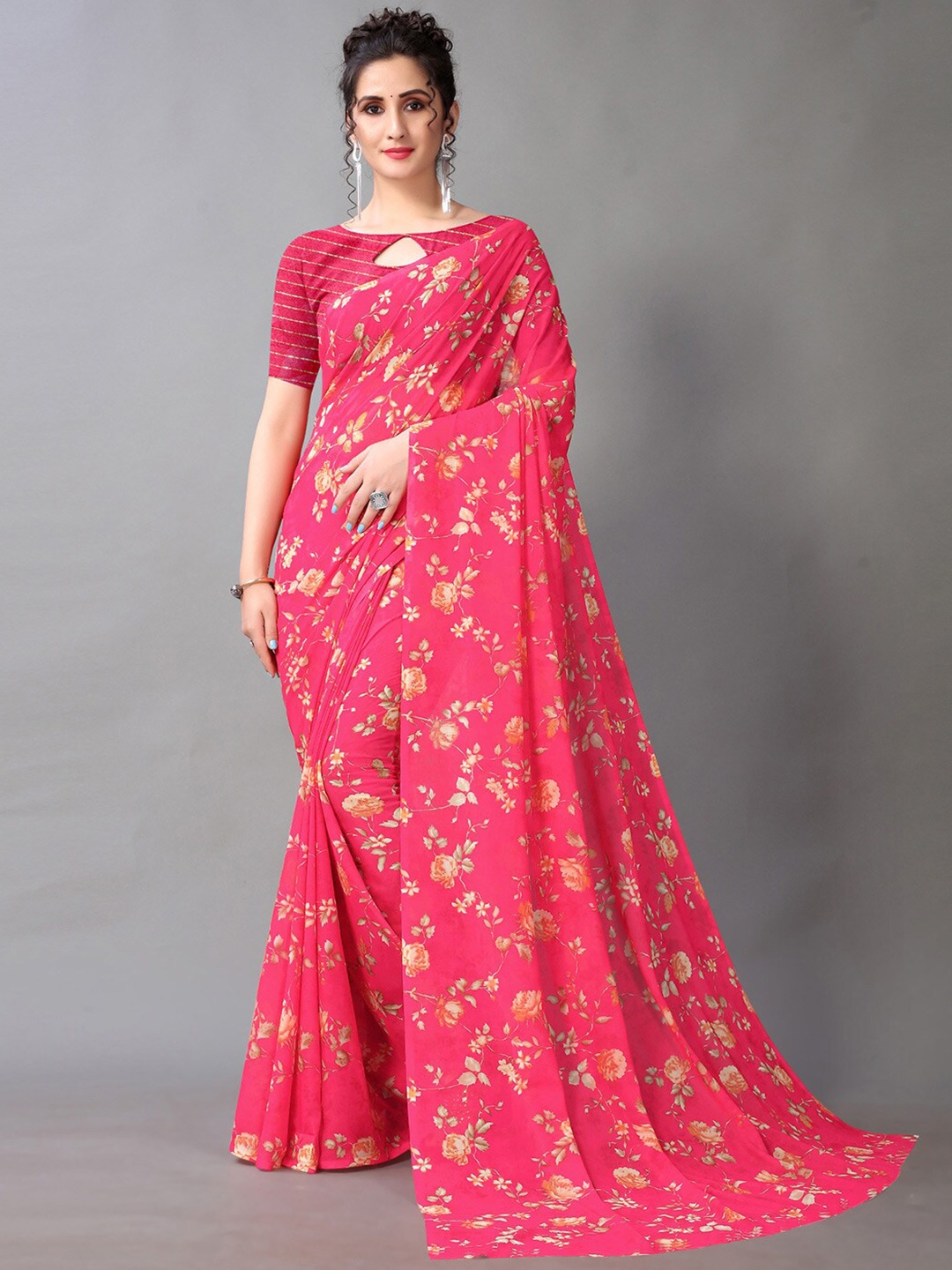 

KALINI Floral Printed Pure Georgette Saree, Pink