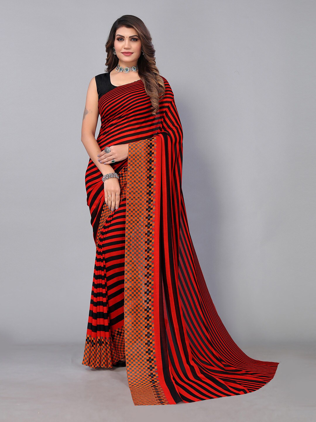 

KALINI Striped Printed Saree, Red