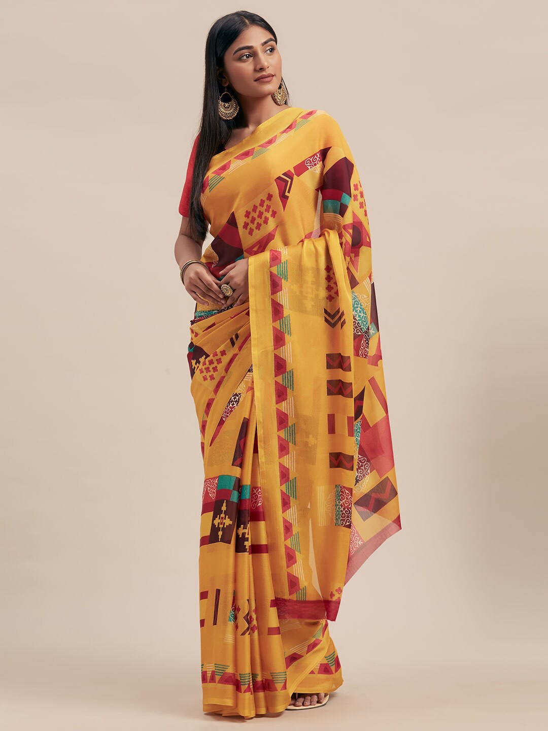 

KALINI Yellow and Pink Geometric Printed Georgette Saree