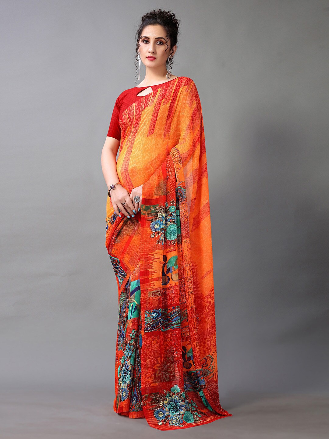 

KALINI Floral Printed Pure Georgette Saree, Orange