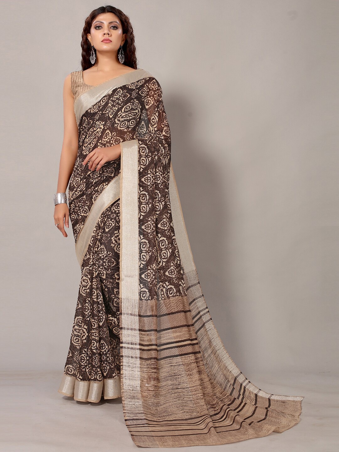 

KALINI Brown and Cream Ethnic Motifs Art Silk Printed with Woven Zari Saree