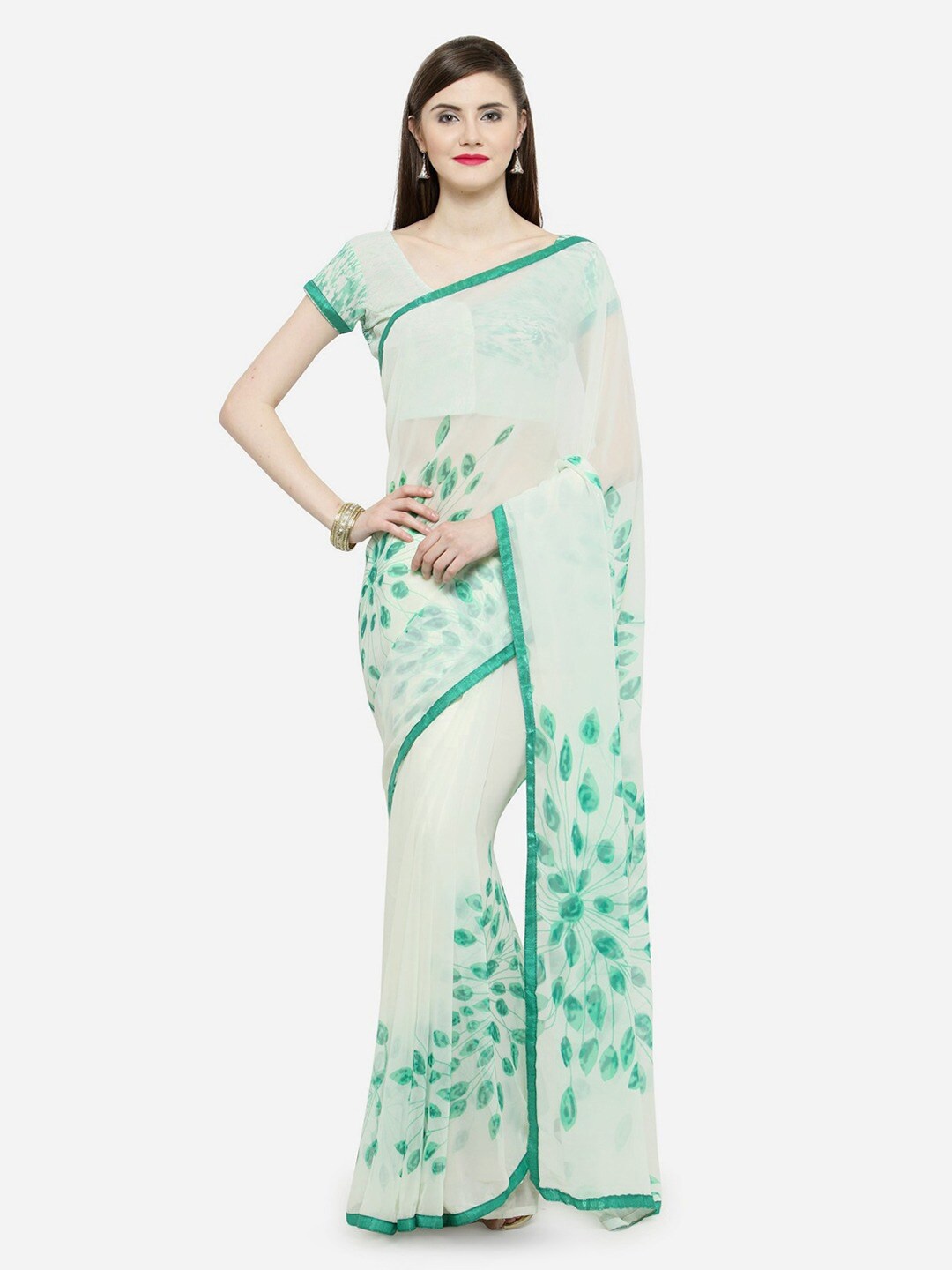 

KALINI Floral Pure Georgette Saree, Off white