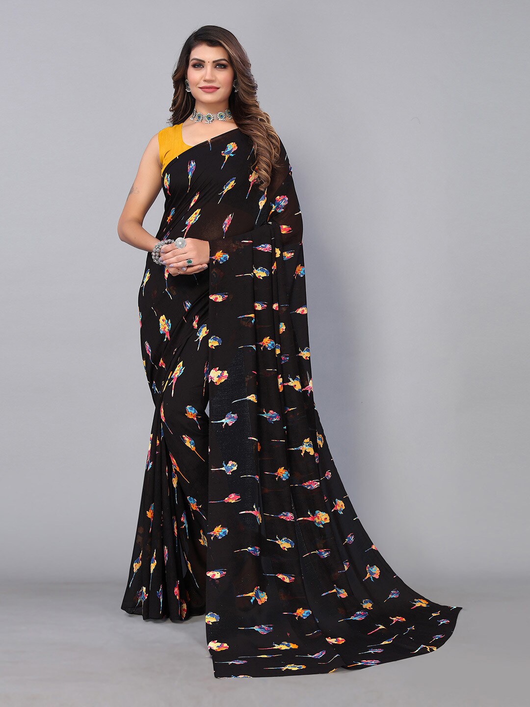 

KALINI Floral Printed Poly Saree, Black