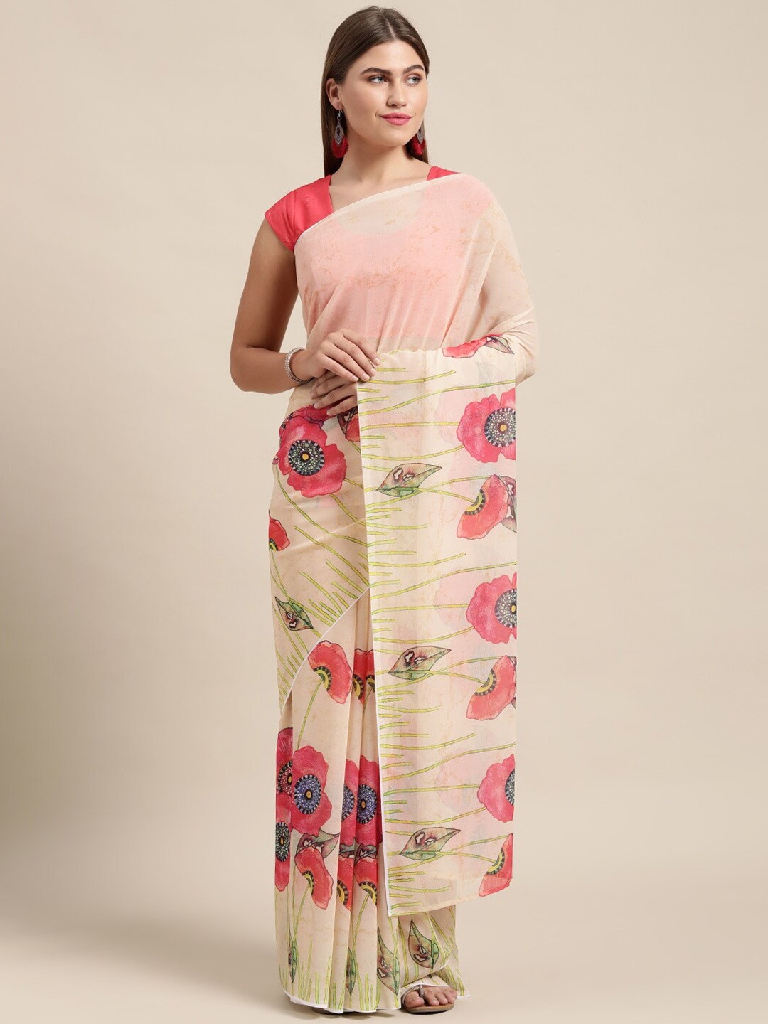 

KALINI Floral Printed Pure Georgette Saree, Beige