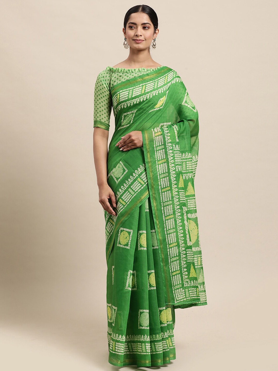 

KALINI Geometric Printed Zari Border Saree, Green