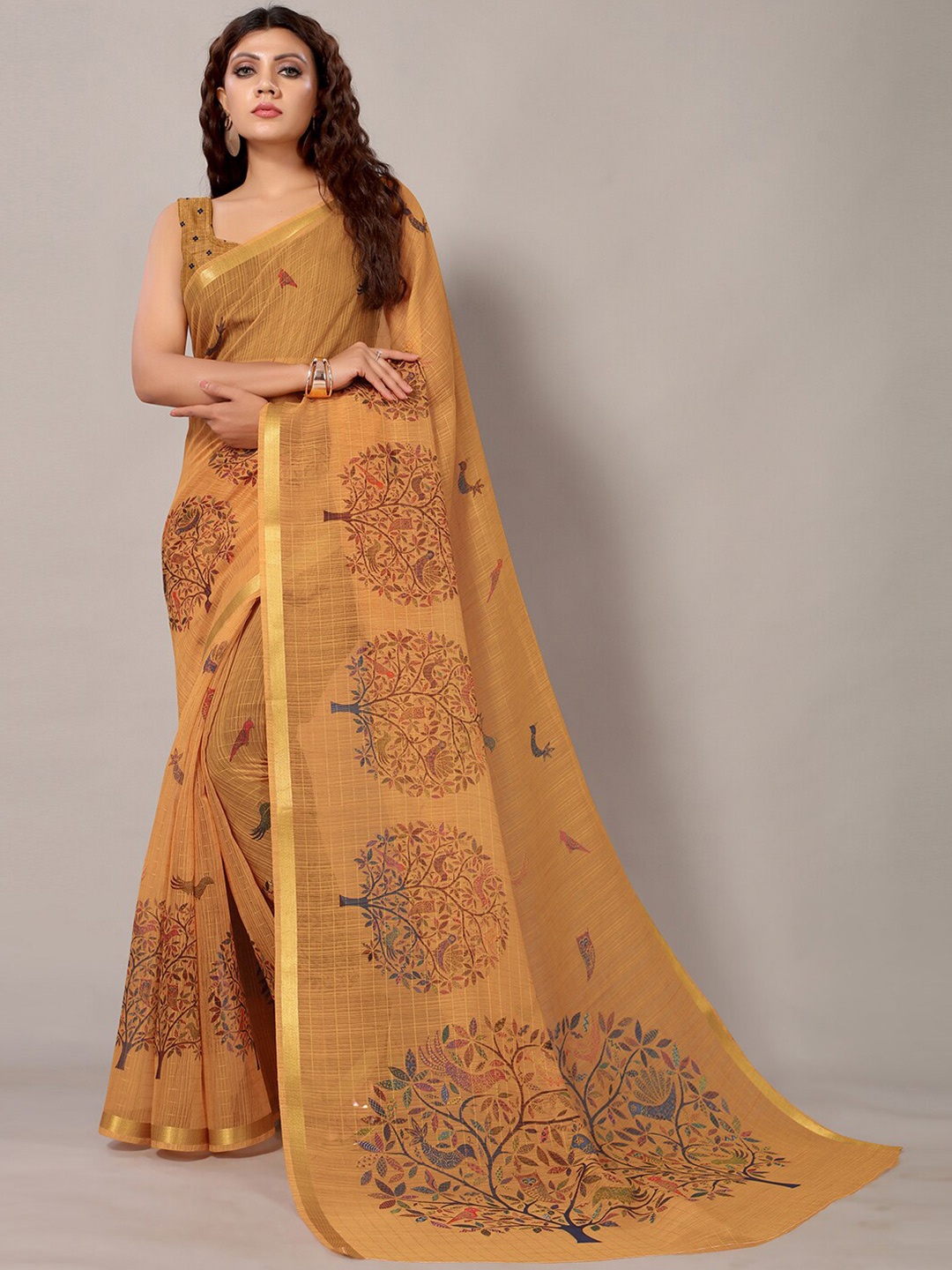 

KALINI Ethnic Motifs Printed Silk Cotton Saree, Orange