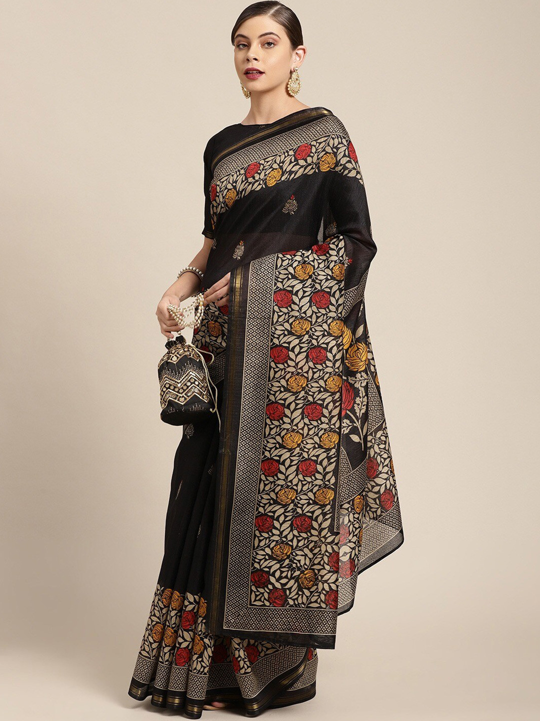 

KALINI Floral Printed Zari Saree, Black