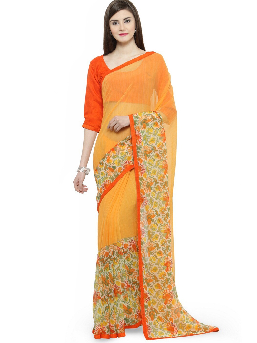 

KALINI Mustard & Red Floral Pure Georgette Saree