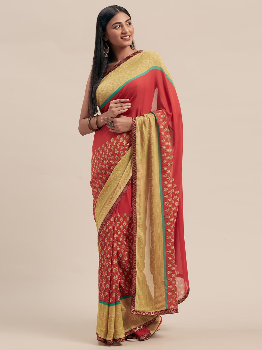 

KALINI Red & Green Floral Saree