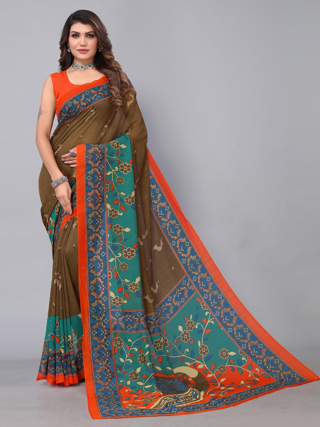 

KALINI Olive Green and Orange Floral Printed Georgette Saree