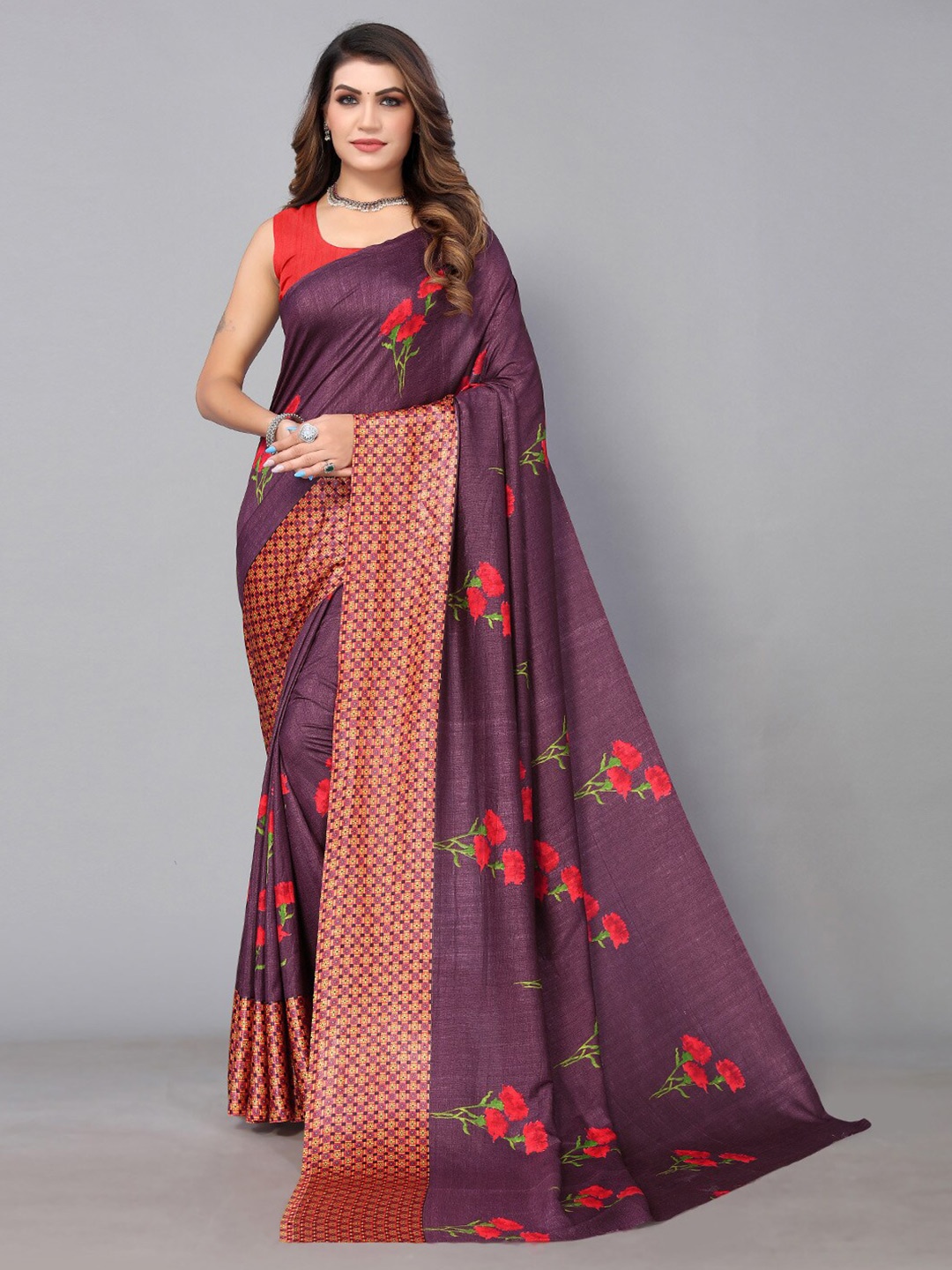 

KALINI Floral Printed Pure Georgette Saree, Purple