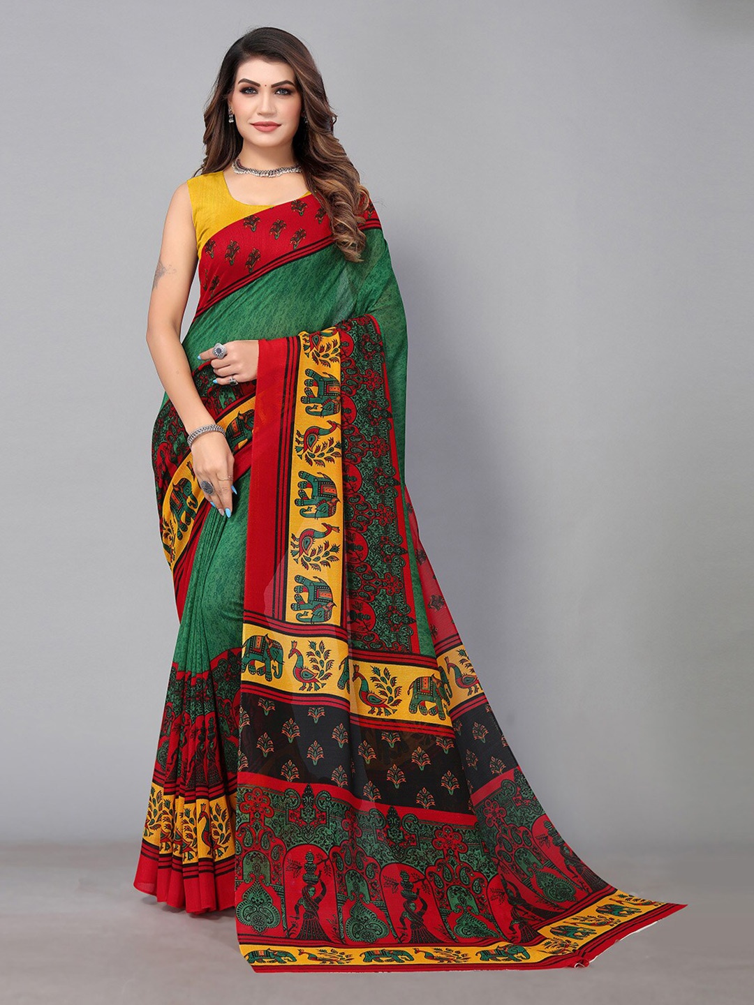 

KALINI Ethnic Motifs Printed Saree, Green