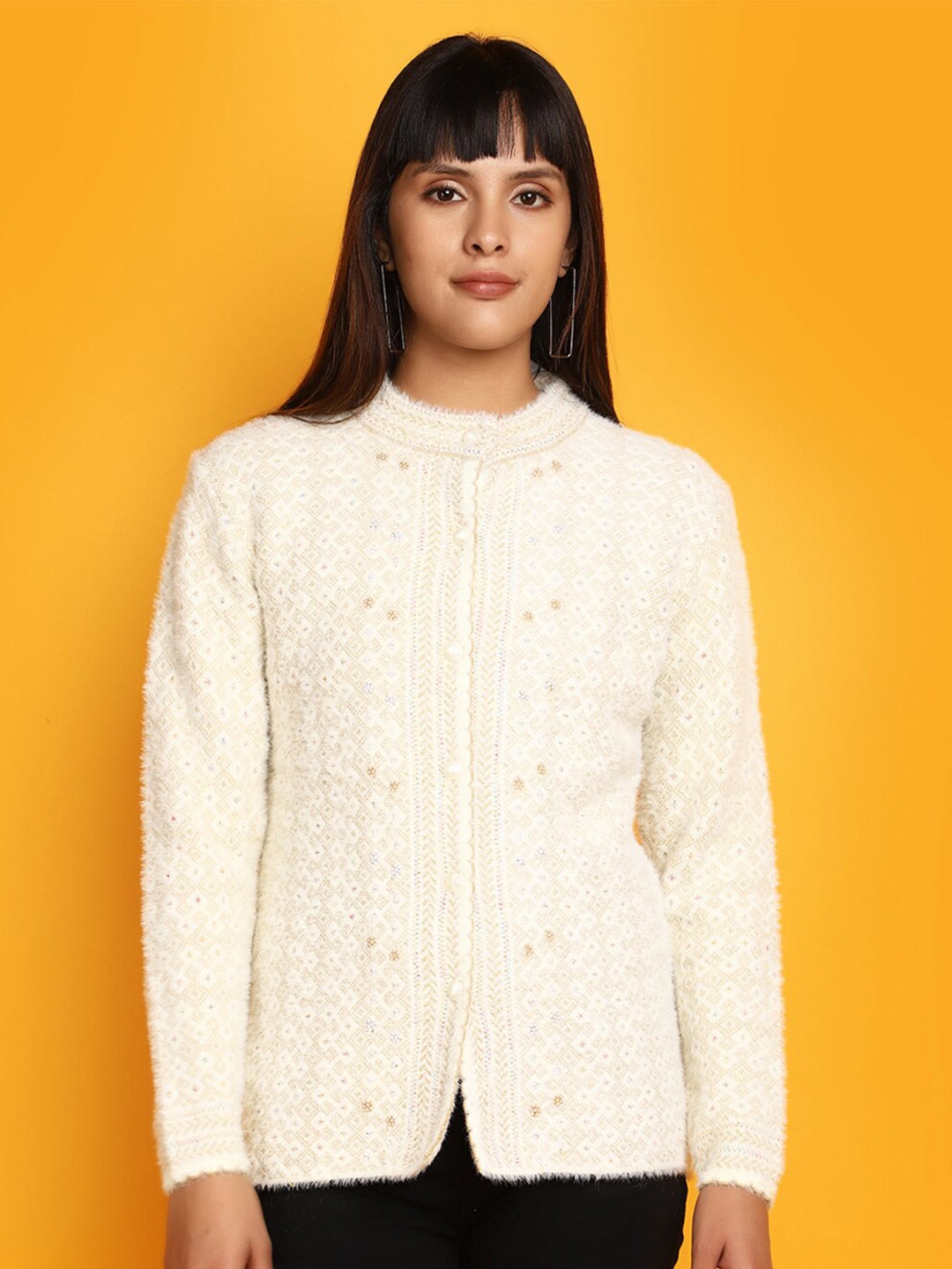 

V-Mart Ethnic Motifs Self Designed Cotton Cardigan, Off white