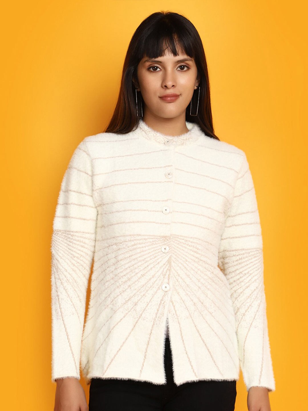 

V-Mart Striped Cotton Cardigan Sweater, Off white