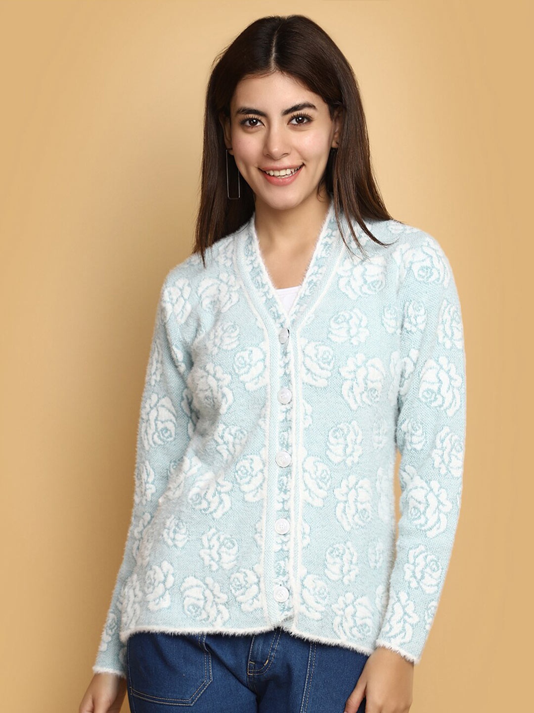

V-Mart Floral Printed V-Neck Cotton Cardigan Sweater, Green