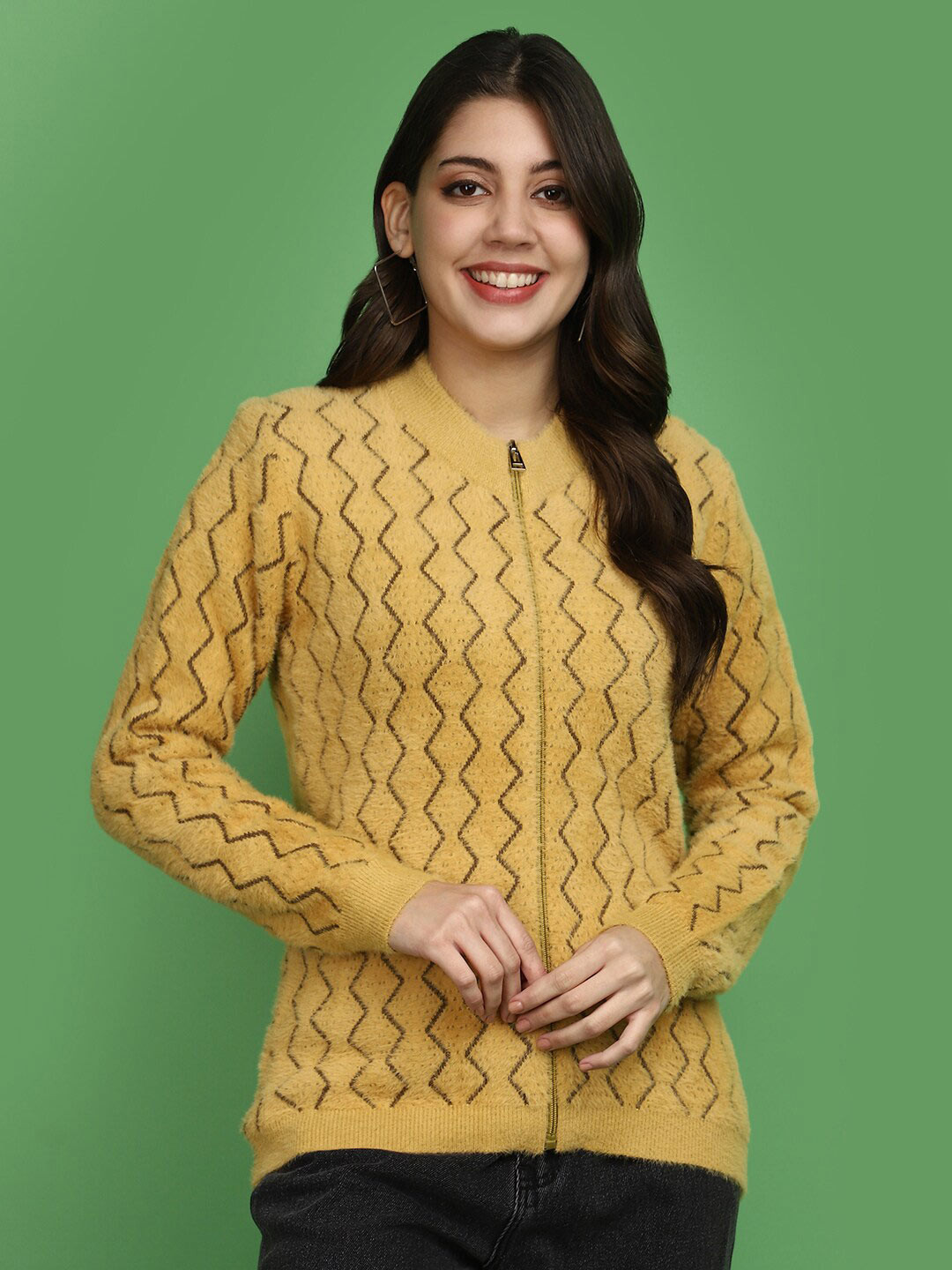 

V-Mart Geometric Printed Cotton Front Open Sweatshirt, Mustard