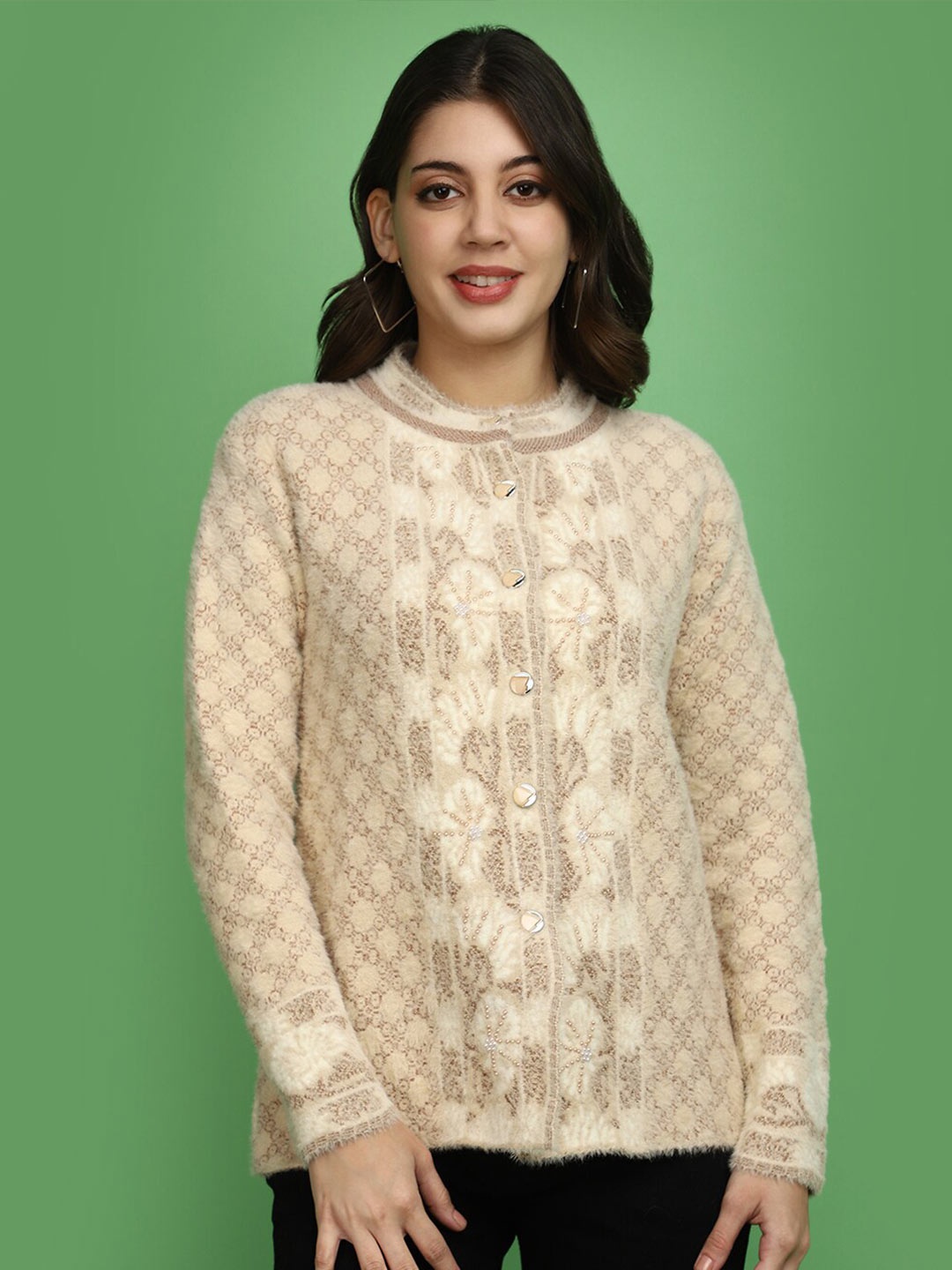 

V-Mart Self Design Long Sleeves Cotton Cardigan, Beige