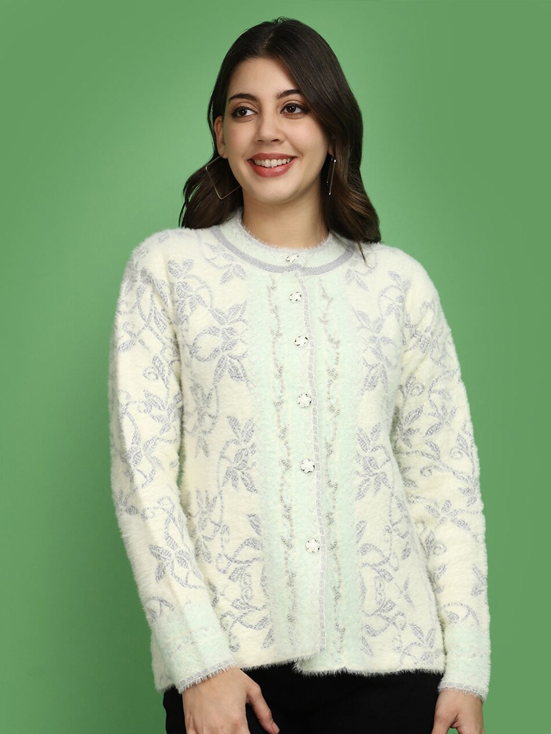 

V-Mart Floral Self Designed Round Neck Cotton Cardigan, Cream