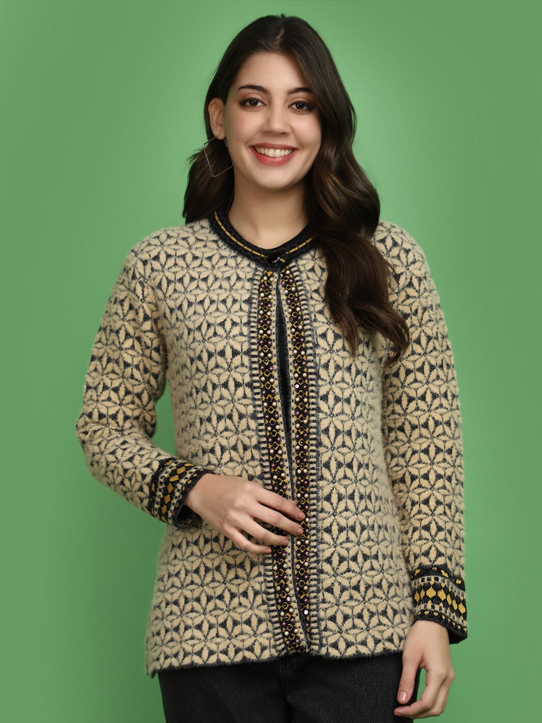 

V-Mart Floral Self Design V-Neck Cotton Cardigan Sweater, Beige