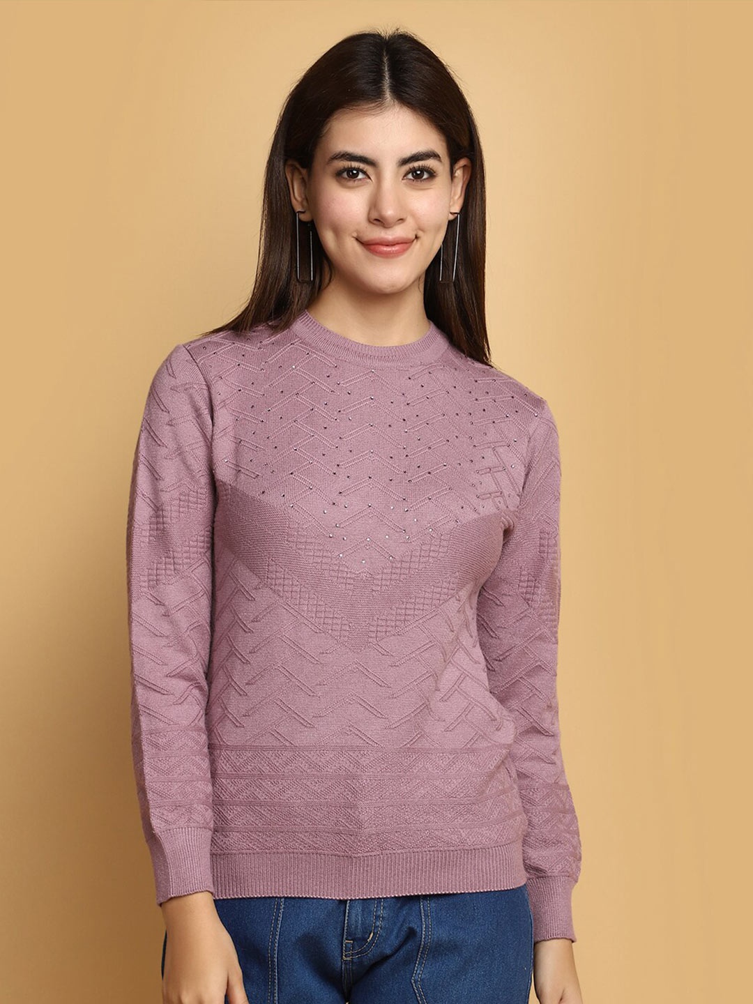 

V-Mart Geometric Self Design Cotton Pullover Sweater, Mauve