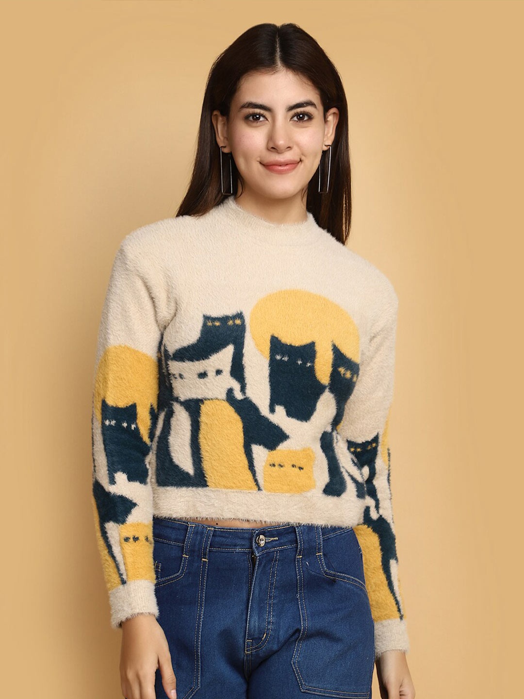 

V-Mart Self Designed High Neck Crop Cotton Pullover, Beige