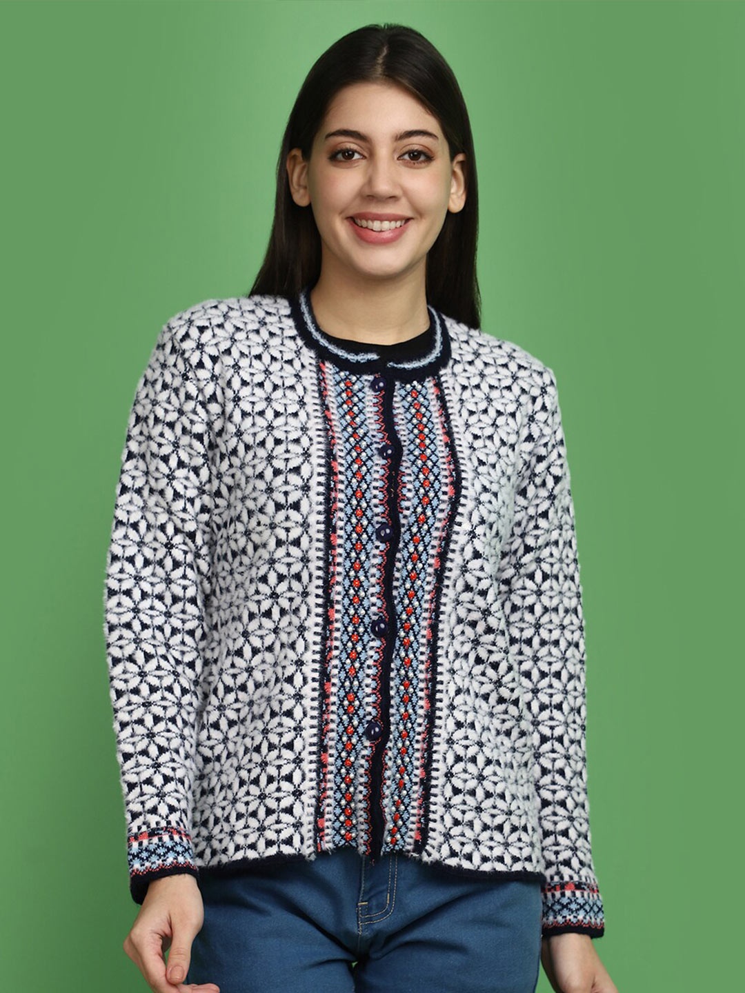 

V-Mart Geometric Self Design Cotton Cardigan, Blue