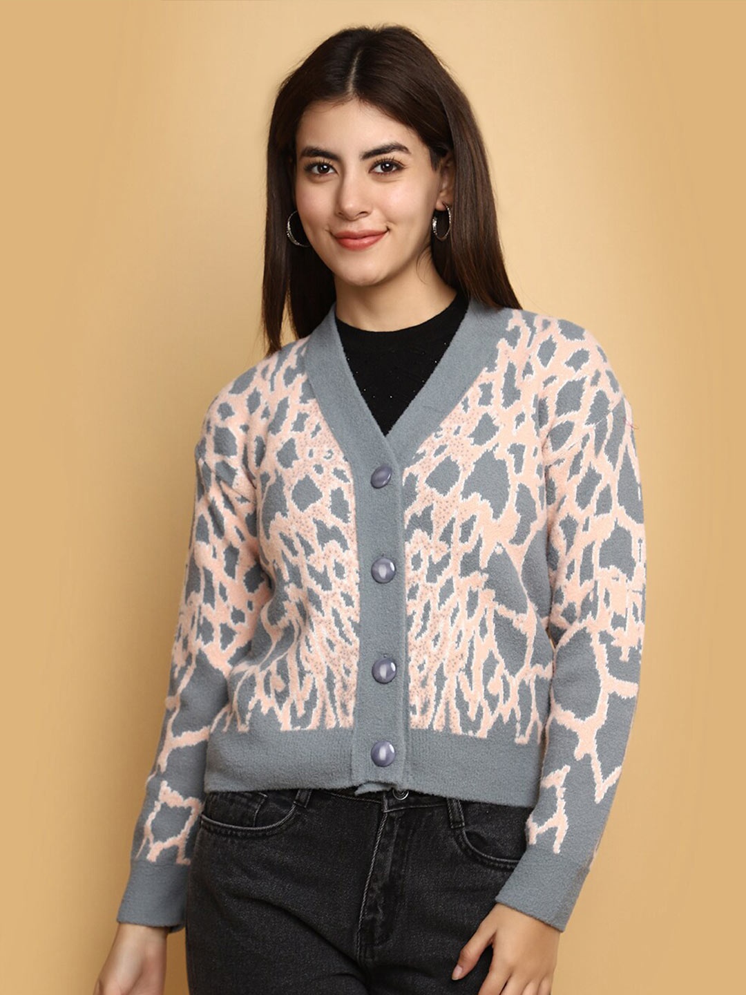 

V-Mart Self Design V-Neck Cardigan Cotton Suede Sweater, Grey