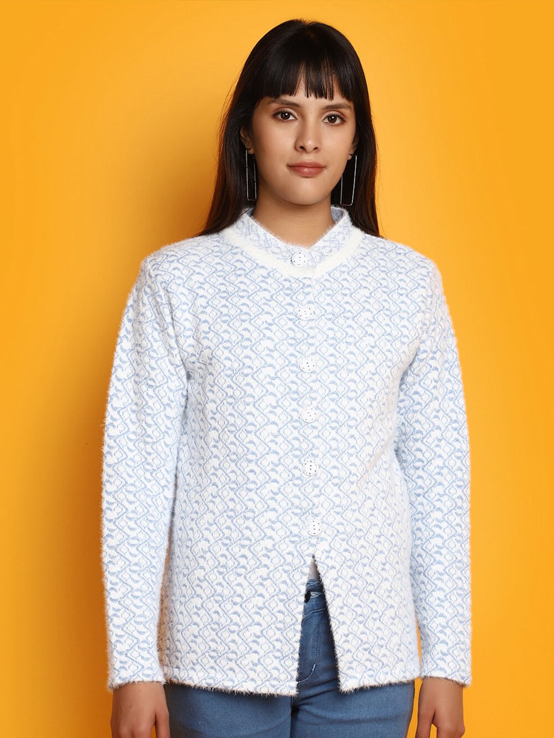

V-Mart Geometric Printed Cotton Cardigan Sweater, White