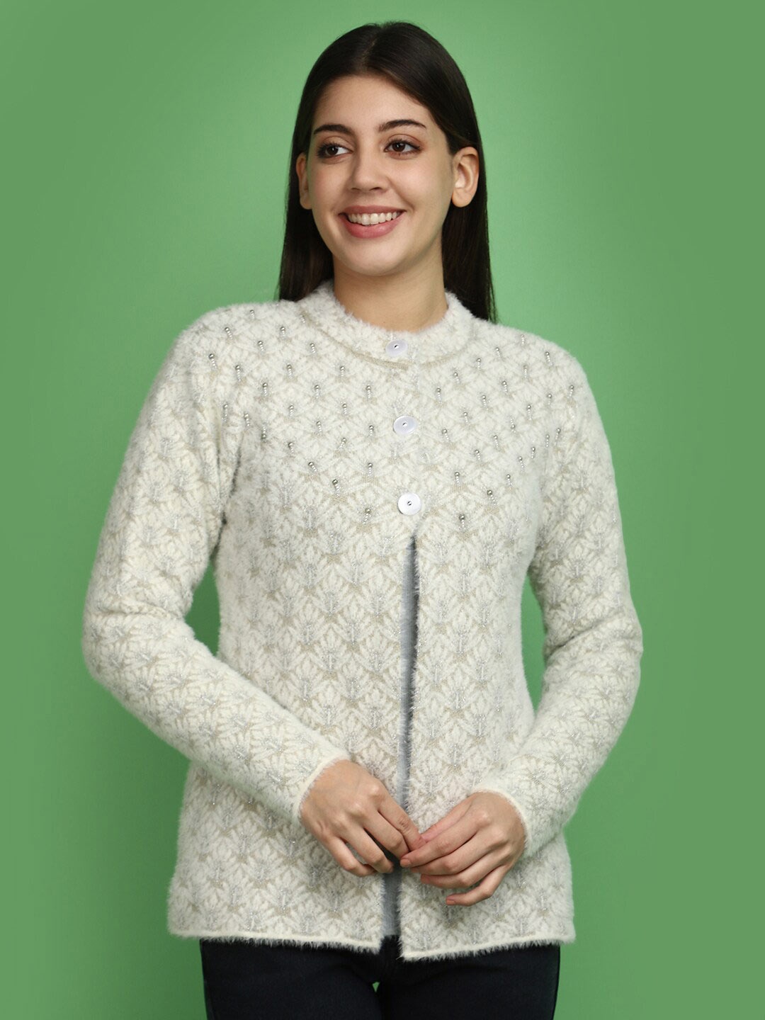 

V-Mart Self Design Embellished Cardigan, Beige