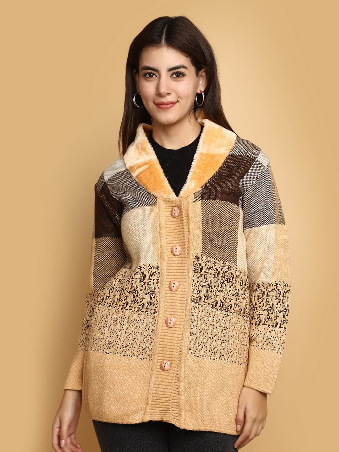 

V-Mart Self Design Shawl Collar Front Open Sweatshirt, Beige