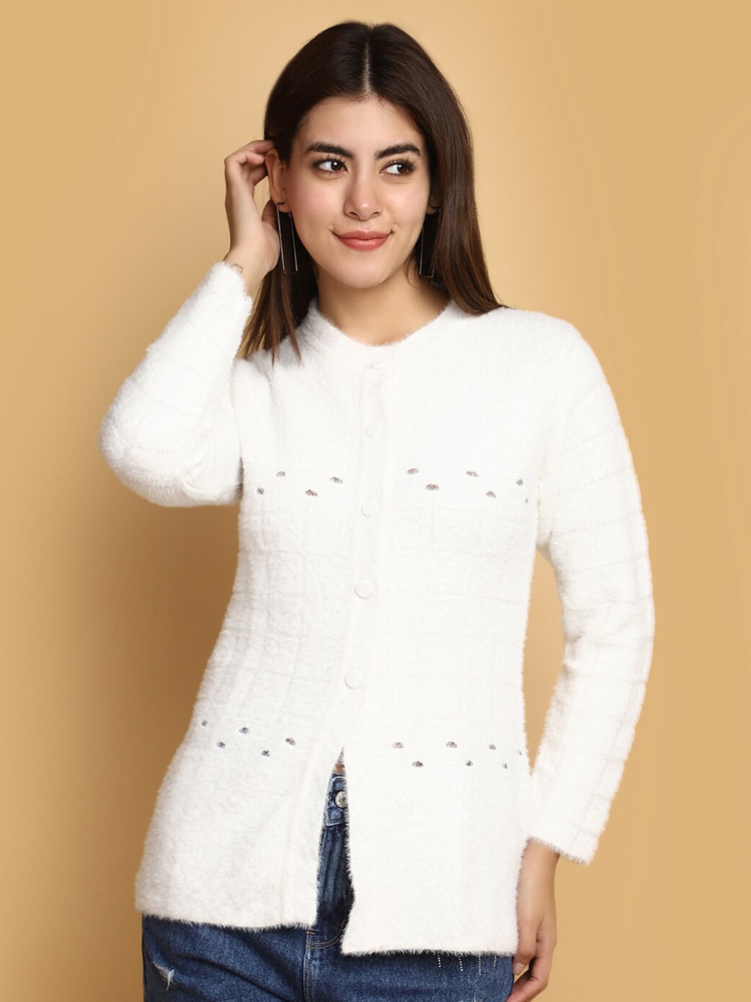 

V-Mart Self Design Cotton Cardigan, Off white