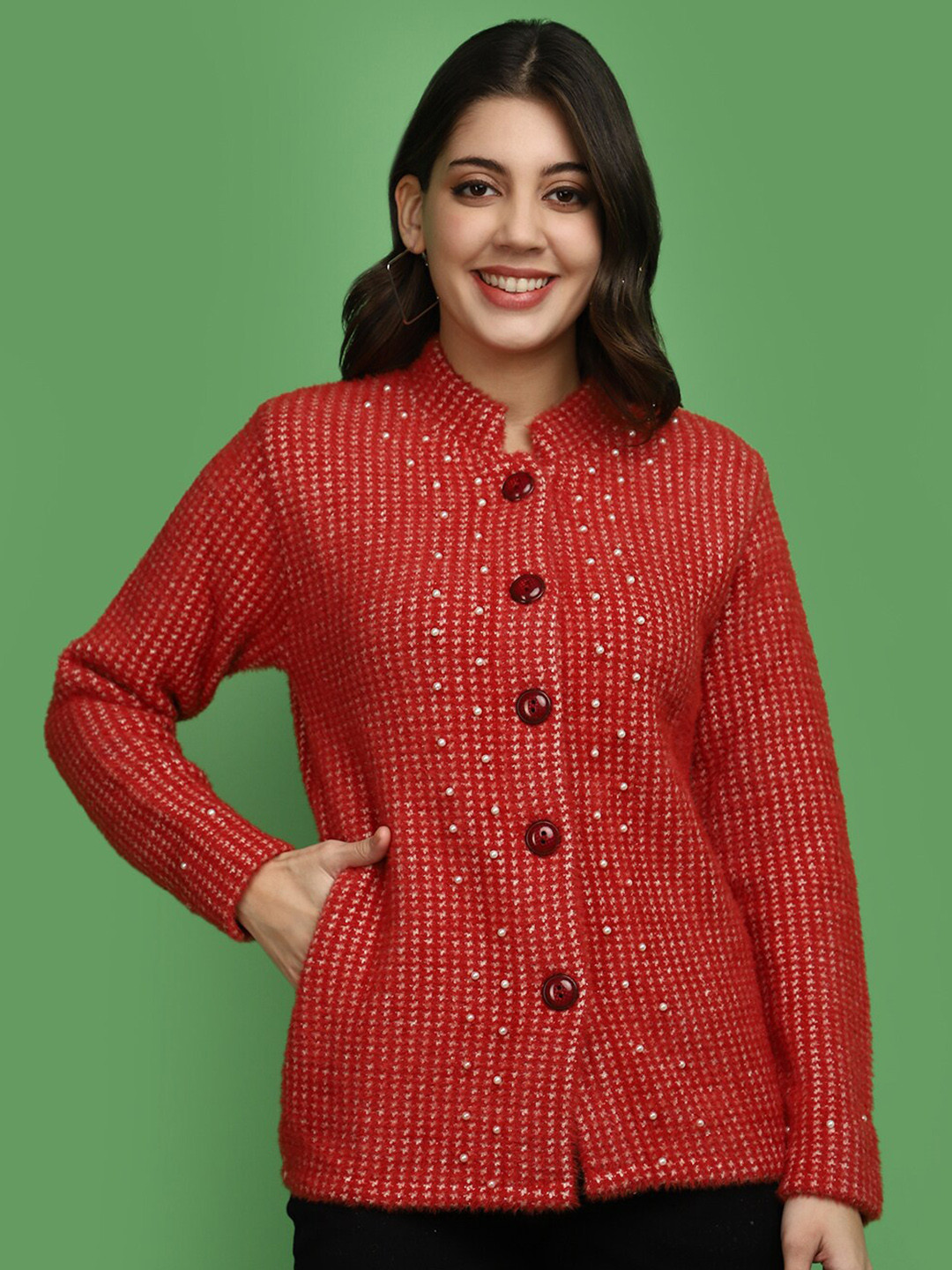 

V-Mart Cable Knit Mandarin Collar Long Sleeves Embellished Cardigan Sweater, Rust