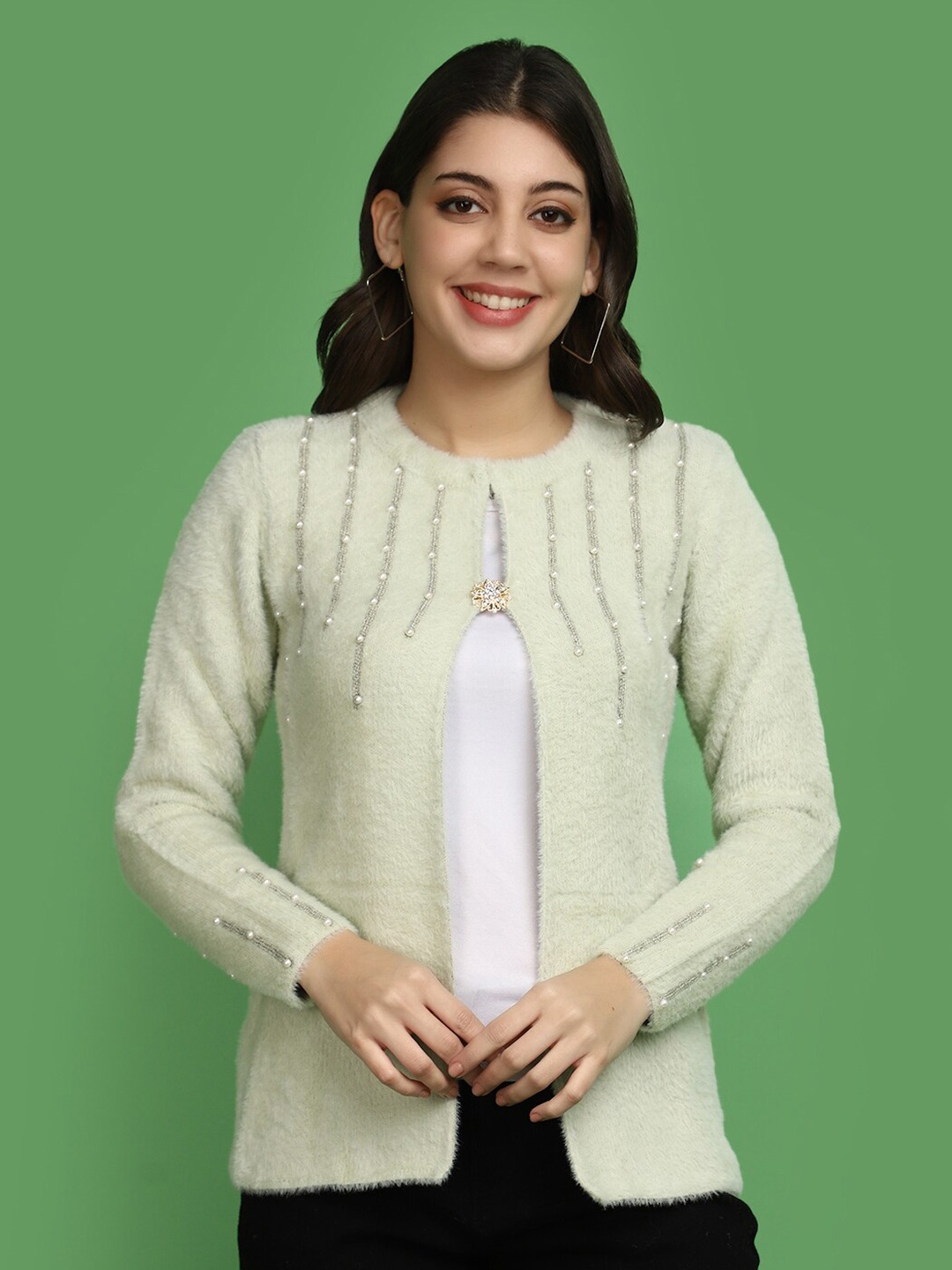 

V-Mart Self Design Embellished Front Open Sweatshirt, Green