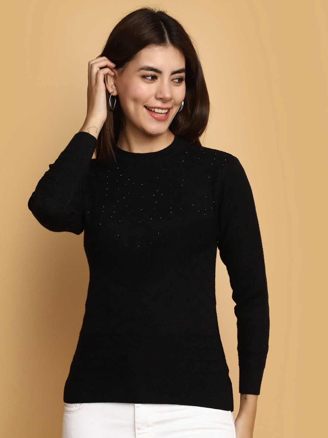 

V-Mart Round Neck Cotton Sweater, Black