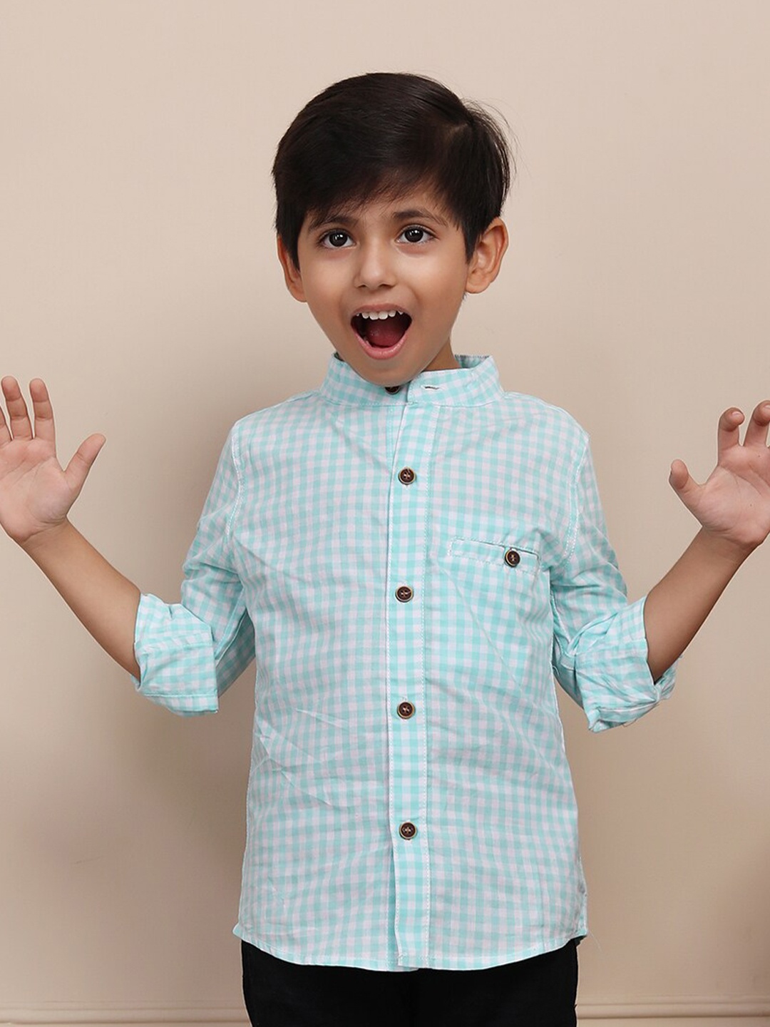 

Biglilpeople Boys Tartan Checked Mandarin Collar Cotton Casual Shirt, Blue