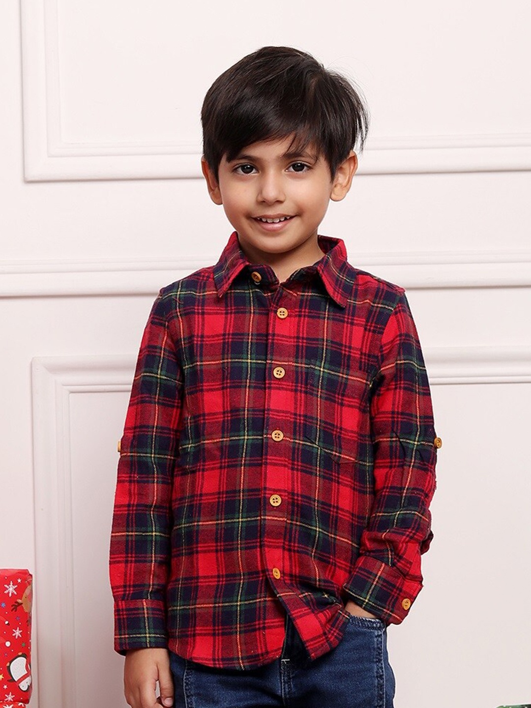 

Biglilpeople Boys Tartan Checked Cotton Casual Shirt, Red