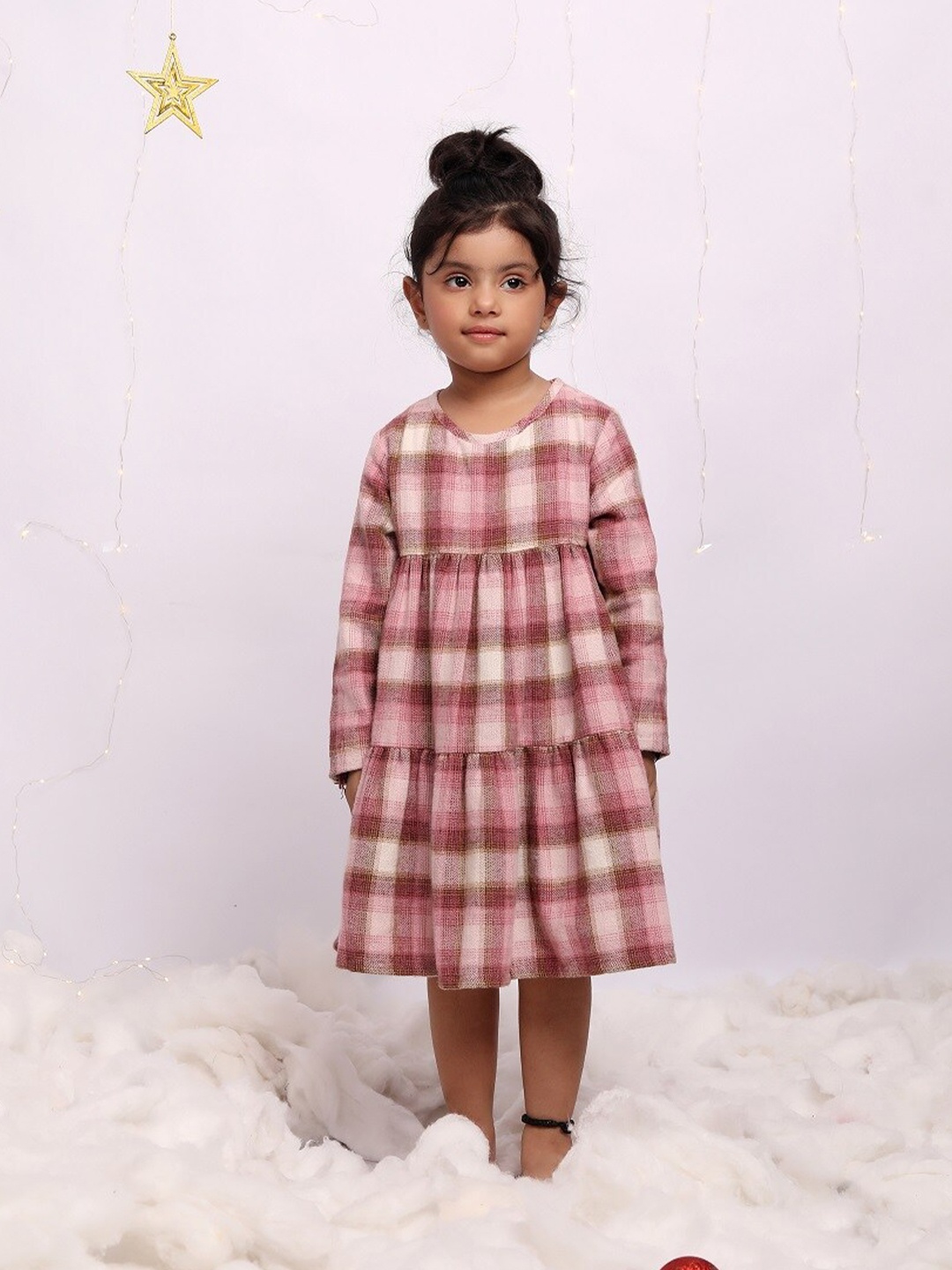 

Biglilpeople Girls Checked Round Neck Long Sleeves Gathered Tiered Cotton A-Line Dress, Pink