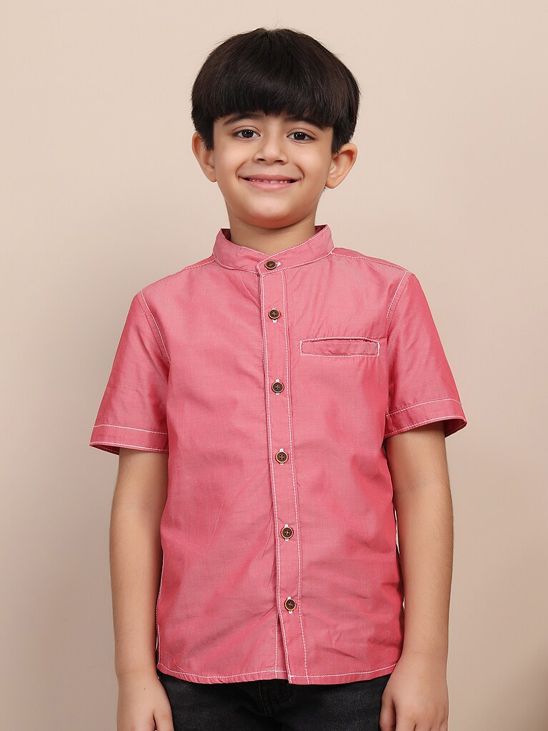 

Biglilpeople Boys Straight Mandarin Collar Short Sleeves Cotton Casual Shirt, Red