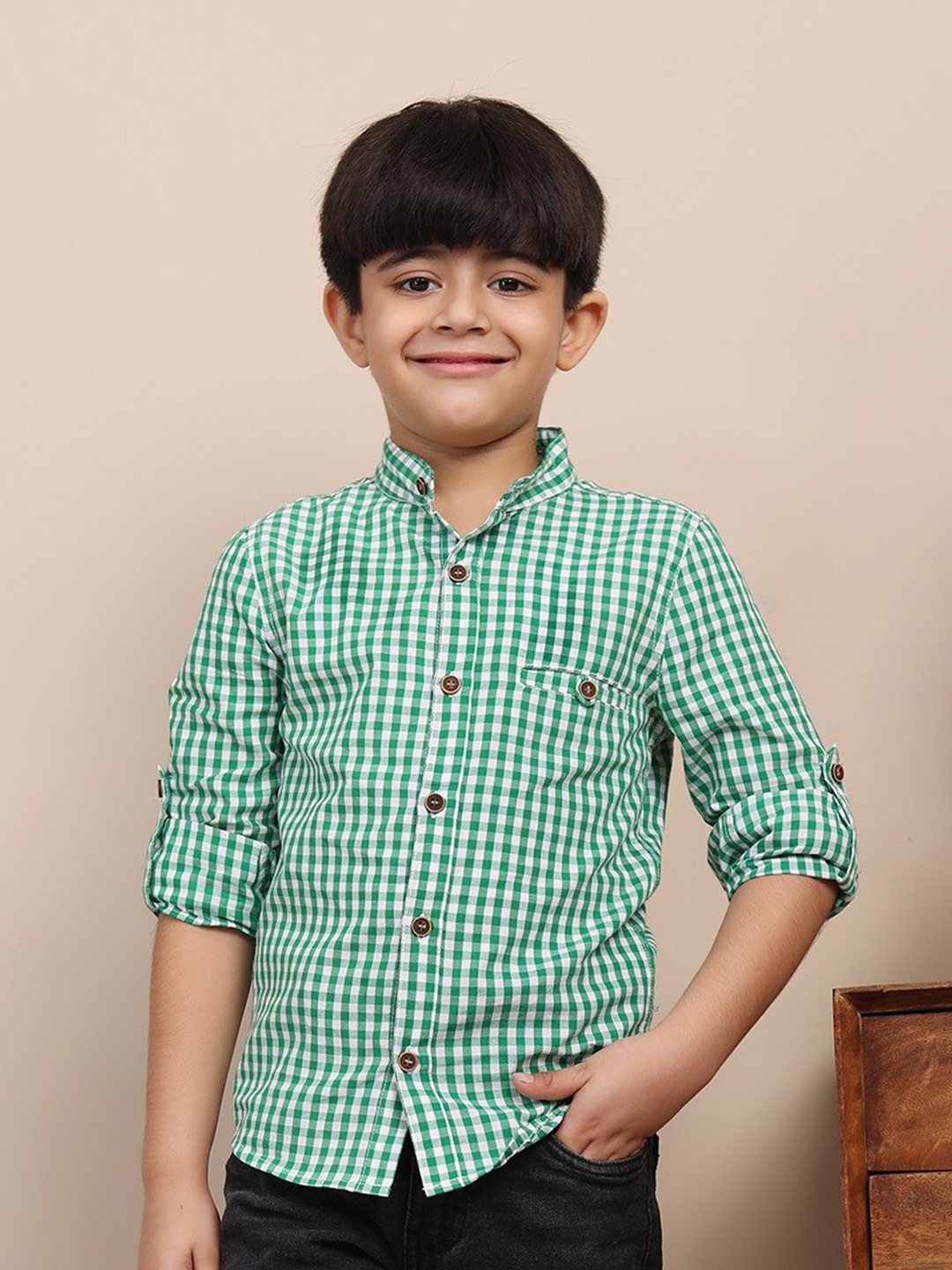 

Biglilpeople Boys Tartan Checked Mandarin Collar Cotton Casual Shirt, Green